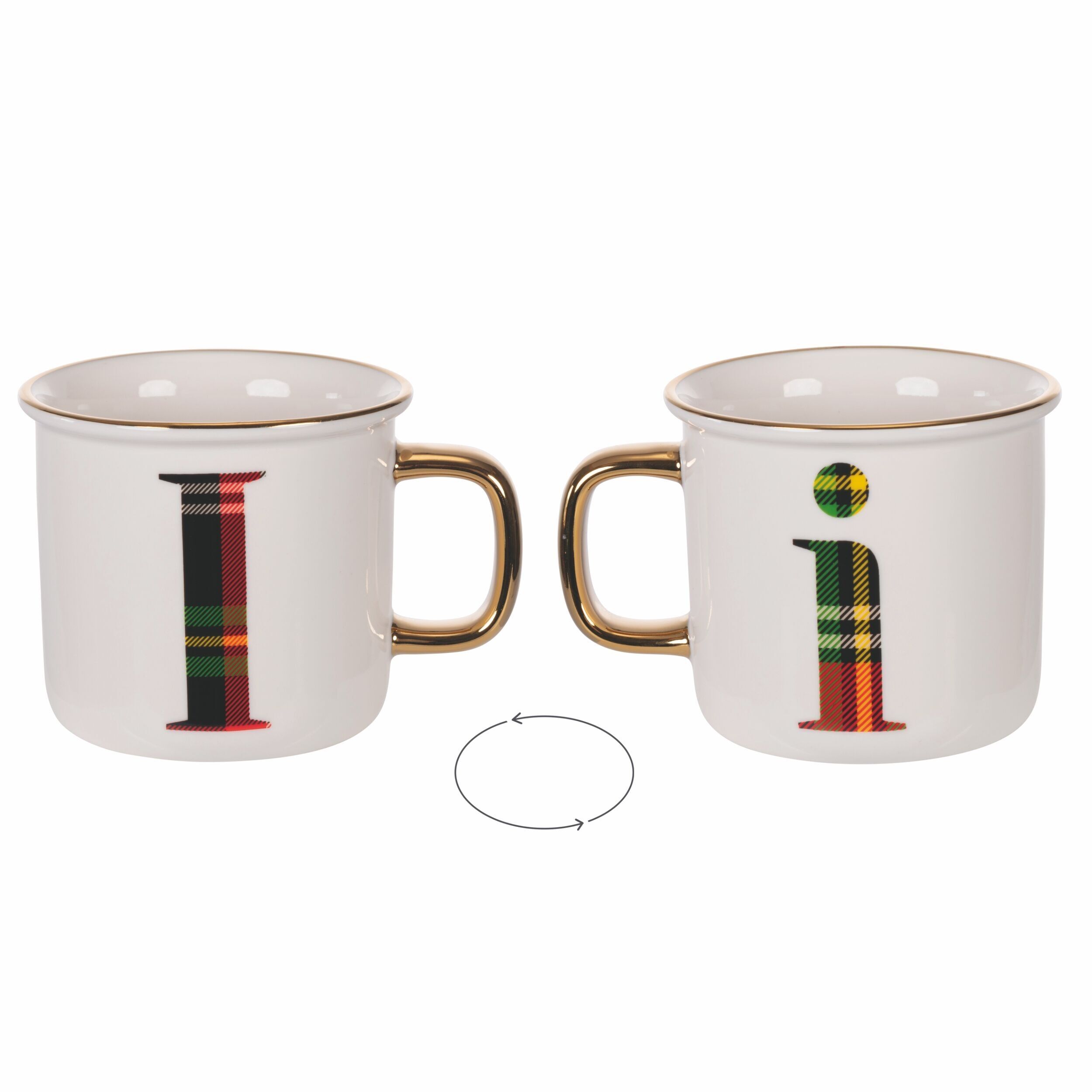 Becher 300 ml aus neuem Bone China, Schottenkaro, Monogramm I