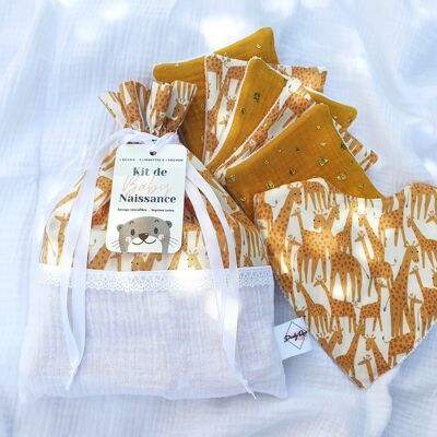 Regalo de nacimiento - Kit de nacimiento - Babero bandana, toallitas lavables y bolsa jirafa