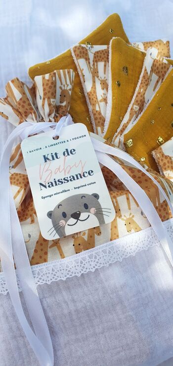 Cadeau naissance - Kit de naissance - Bavoir bandana, Lingettes lavables et Pochon girafes 2