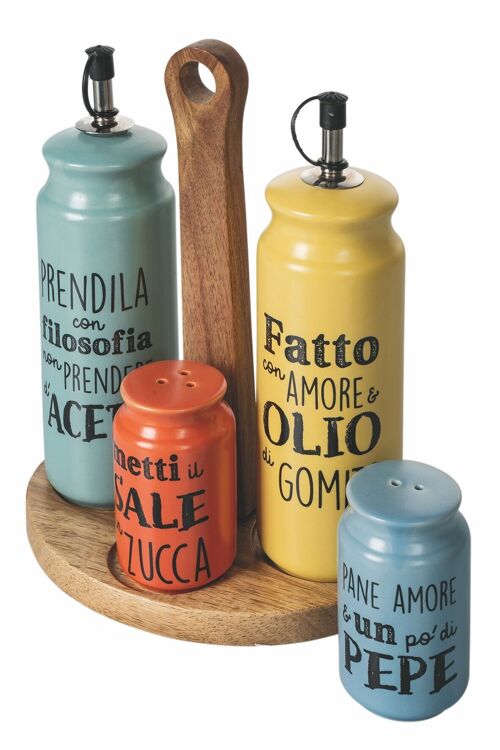 Set olio, aceto, sale e pepe in gres, stand in bamboo, Idee