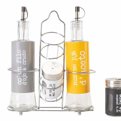 Oil, vinegar, salt and pepper condiment set in glass and stainless steel, iron stand, S.P.Q.eRe