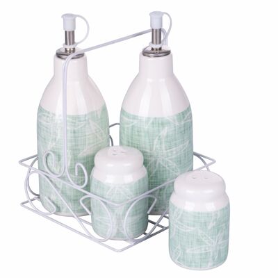 Ceramic oil, vinegar, salt and pepper set, metal stand, Cozumel