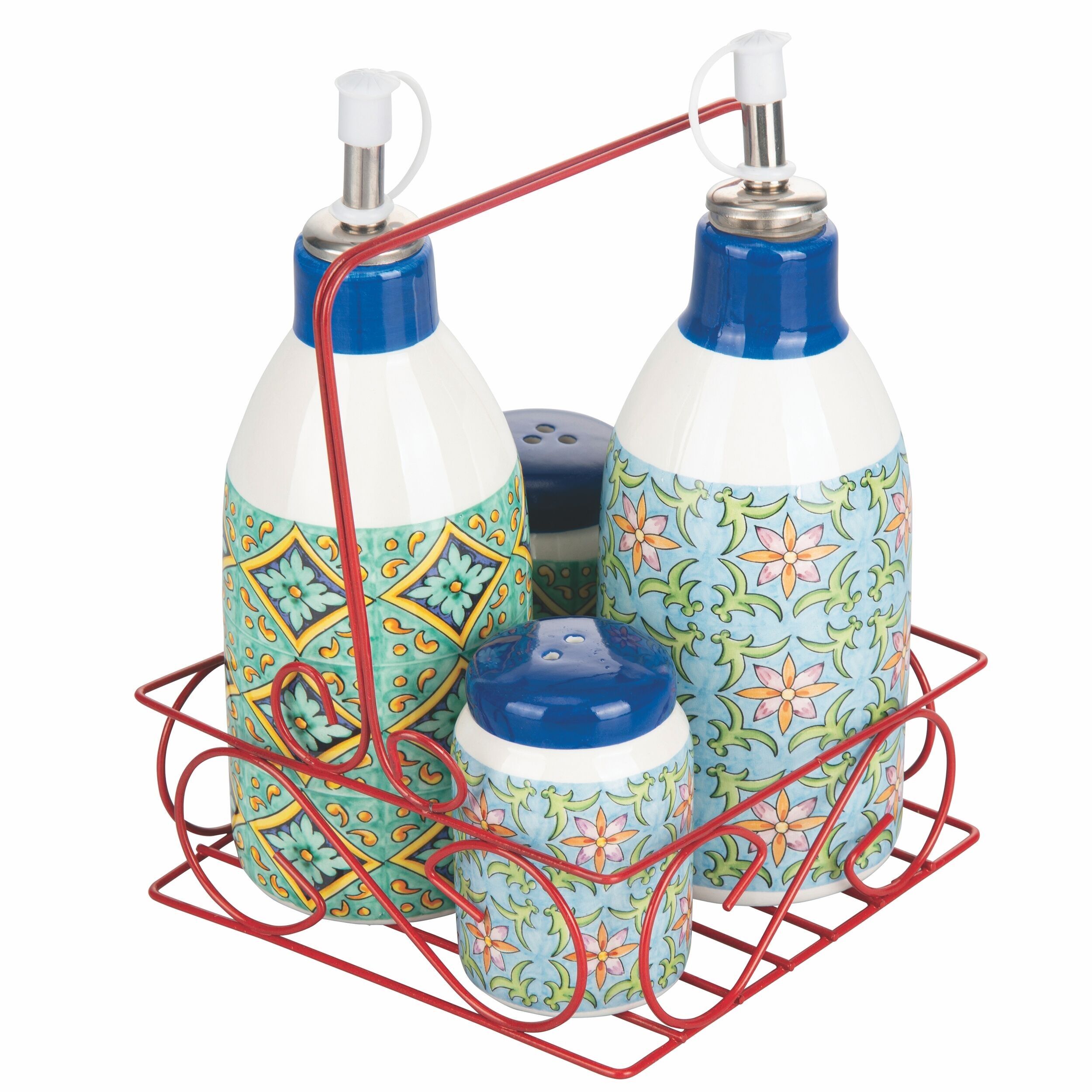 Set aus Keramiköl, Essig, Salz und Pfeffer, Metallständer, Infinity