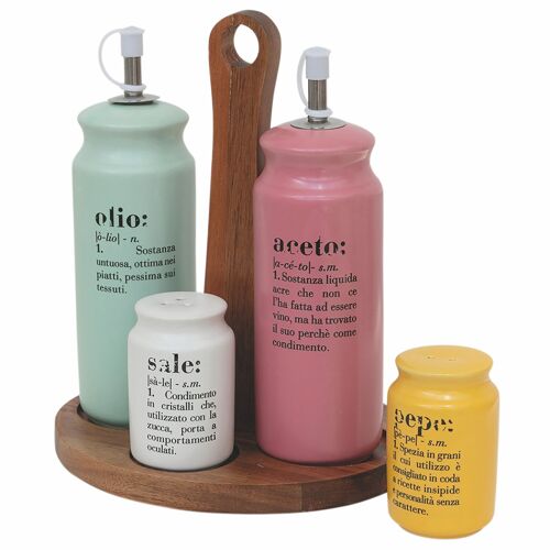 Set olio, aceto, sale e pepe in gres, stand in bamboo, Victionary Colors