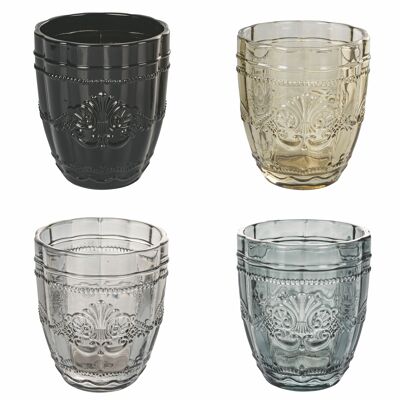 Set 4 vasos de agua 265 ml en cristal transparente con decoración arabesca, Syrah Stones
