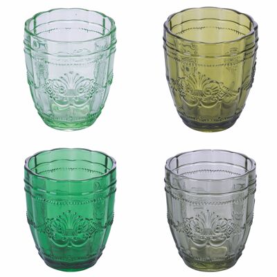 Set of 4 water glasses 265 ml in transparent glass with arabesque decoration, Syrah Greenery