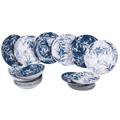 Service de table en porcelaine 18 pièces, 6 couverts en 2 couleurs différentes, Forest Leaf Blue