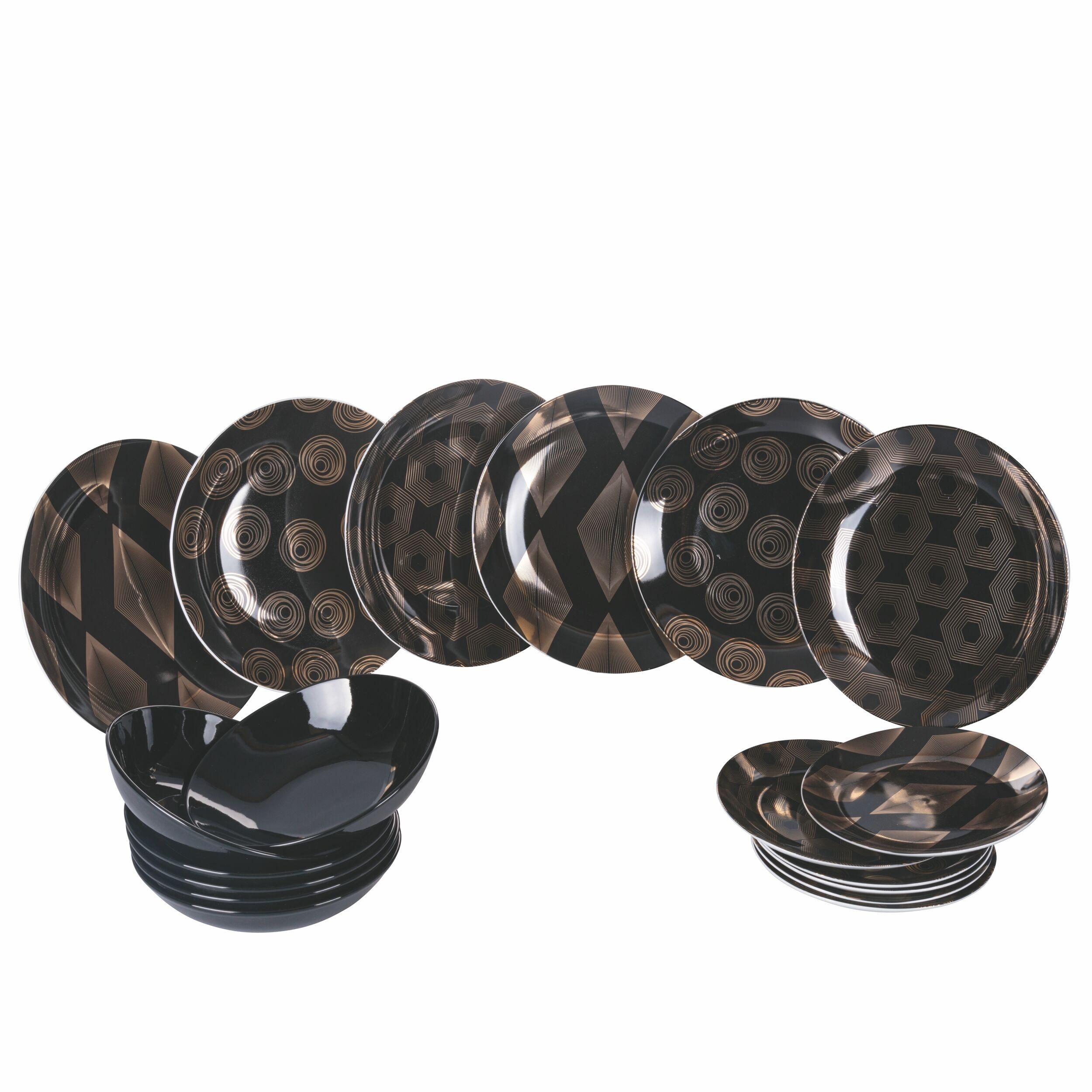 18-teiliges Tafelservice aus Porzellan und Steinzeug, 6 Gedecke in 3 verschiedenen Dekoren, Mondrian