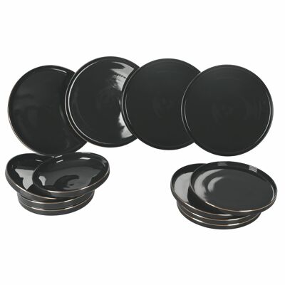 Vajilla de 12 piezas en porcelana nueva, borde dorado, 4 cubiertos, Luxury Black