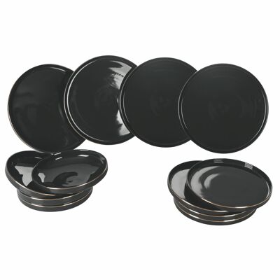 12-piece dinner set in new bone China, gold edge, 4 place settings, Luxury Black