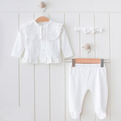 Eine Packung mit fünf Baby-Geschenksets aus Musselin für Neugeborene mit Spitzendetails, 3-tlg. 0-3