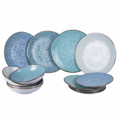 12-piece stoneware dinner service, 4 table places in 4 different decorations, Baku Ocean