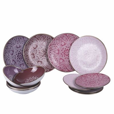 12-piece stoneware dinner service, 4 table places in 4 different decorations, Baku Provence
