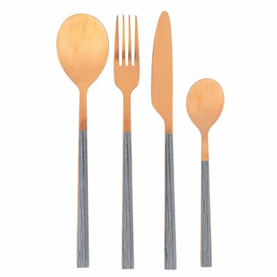 Set of 24 rose steel cutlery with wood effect blue handle, Copenhagen Copper