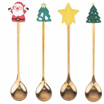 Set de 4 cuillères de Noël dorées avec décoration, Noël 1