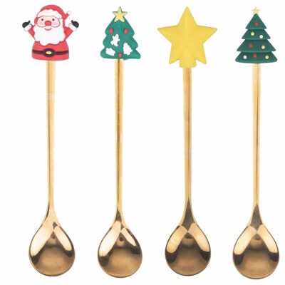 Juego de 4 cucharas navideñas doradas con decoración, Navidad