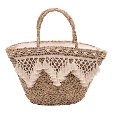 Sac panier "Ibiza" / avec pompons et coquillages/Sac en paille XXL/sac en raphia/sac de plage grand avec fermeture éclair - Boho Chic