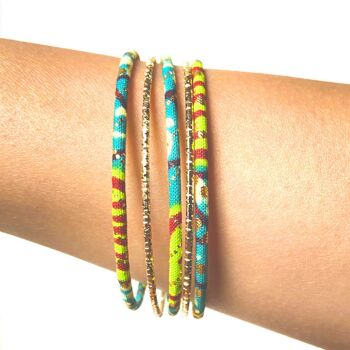 Bracelets fins en wax Africain turquoise, anis, rouge et doré 2