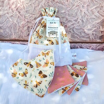 Kit de naissance - Bavoir bandana, Lingettes lavables et Pochon - Papillons