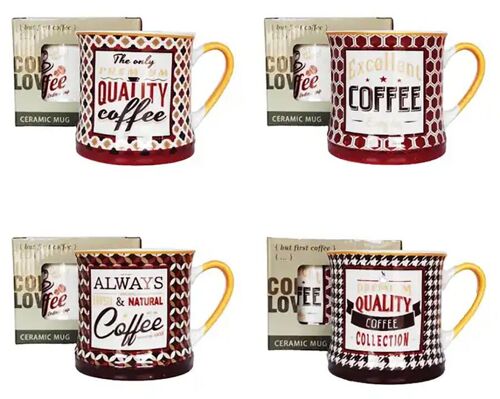 Ceramic mug "COFFEE" in 4 designs. Dimension: 8.5x8.5x8.5cm Capacity: 340ml LM-305
