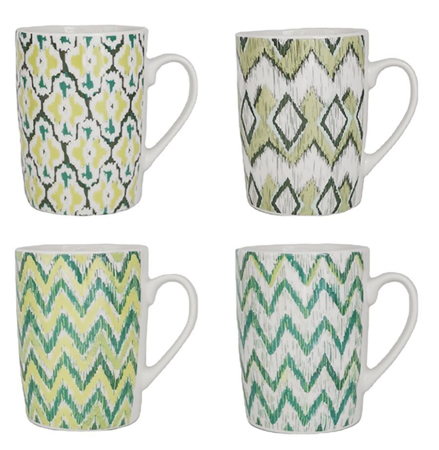 Ceramic mug with green and white geometric shapes in 4 designs. Dimension: 8.2x11x7cm Capacity: 390ml LM-312