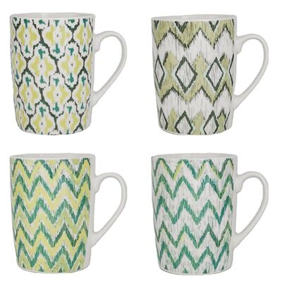 Ceramic mug with green and white geometric shapes in 4 designs. Dimension: 8.2x11x7cm Capacity: 390ml LM-312
