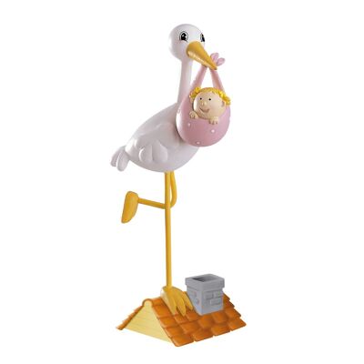 FIGURINE POUR GÂTEAU DE BAPTÊME CIGOGNE ROSE AVEC JAMBE BOITÉE