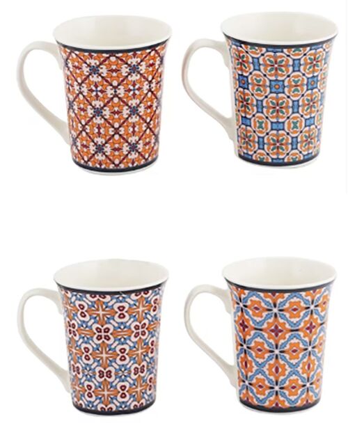 Ceramic mug with red and blue geometric shapes in 4 designs. Dimension: 9x10.5x6.5cm Capacity: 350ml LM-313