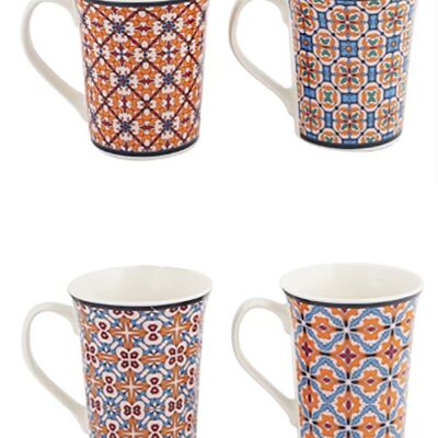Keramikbecher mit roten und blauen geometrischen Formen in 4 Designs.   Abmessung: 9x10.5x6.5 cm Fassungsvermögen: 350 ml LM-313