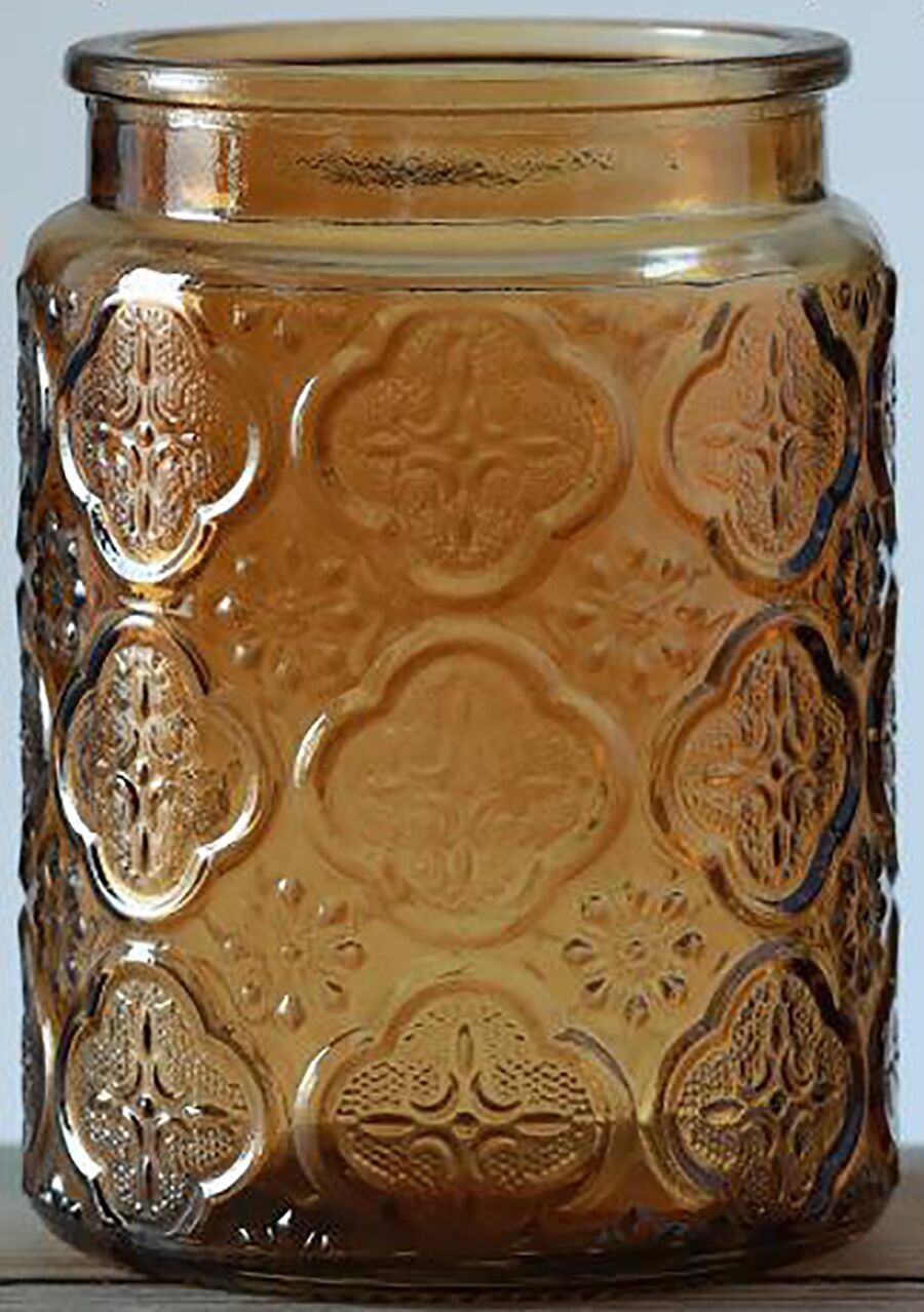 Contenitore portaoggetti in vetro goffrato con coperchio ermetico in bambù di colore arancione. Dimensioni: 10x14 cm Capacità: 700 ml LM-321A1