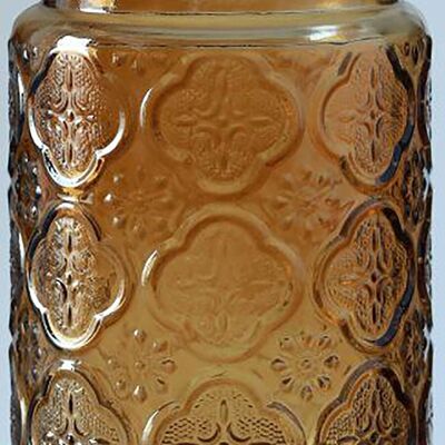 Aufbewahrungsbehälter aus geprägtem Glas mit luftdichtem Bambusdeckel in Orange. Abmessung: 10 x 14 cm. Fassungsvermögen: 700 ml. LM-321A1