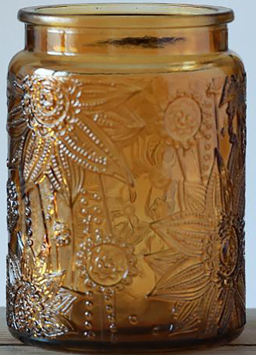 Contenitore portaoggetti in vetro goffrato con coperchio ermetico in bambù di colore arancione. Dimensioni: 10x14 cm Capacità: 700 ml LM-321A2