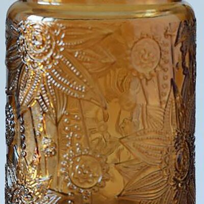 Aufbewahrungsbehälter aus geprägtem Glas mit luftdichtem Bambusdeckel in Orange. Abmessung: 10 x 14 cm. Fassungsvermögen: 700 ml. LM-321A2