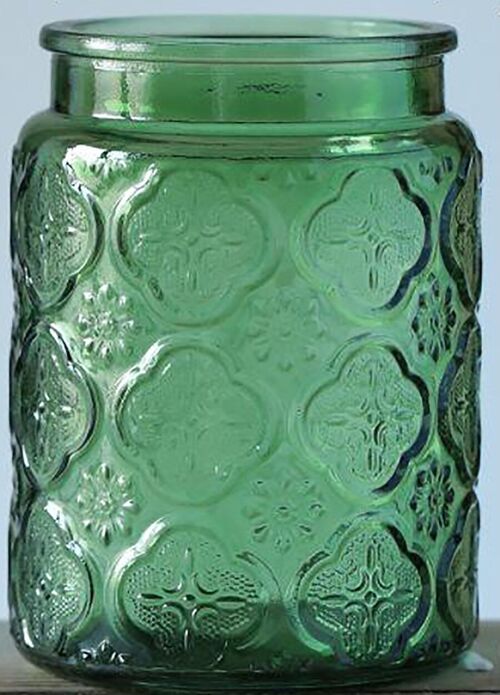 Embossed glass storage container with airtight bamboo lid in green color. Dimension: 10x14cm Capacity: 700ml LM-321B1