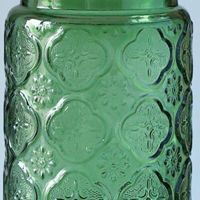 Aufbewahrungsbehälter aus geprägtem Glas mit luftdichtem Bambusdeckel in grüner Farbe. Abmessung: 10 x 14 cm. Fassungsvermögen: 700 ml. LM-321B1