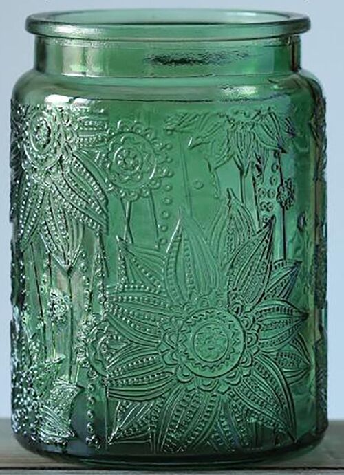 Embossed glass storage container with airtight bamboo lid in green color. Dimension: 10x14cm Capacity: 700ml LM-321B2