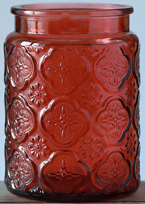 Embossed glass storage container with airtight bamboo lid in red color. Dimension: 10x14cm Capacity: 700ml LM-321C1