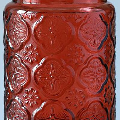 Aufbewahrungsbehälter aus geprägtem Glas mit luftdichtem Bambusdeckel in roter Farbe. Abmessung: 10 x 14 cm. Fassungsvermögen: 700 ml. LM-321C1