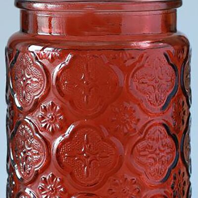 Embossed glass storage container with airtight bamboo lid in red color. Dimension: 10x14cm Capacity: 700ml LM-321C1