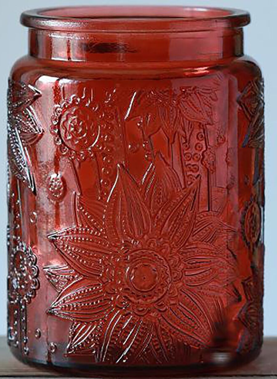 Contenitore portaoggetti in vetro goffrato con coperchio ermetico in bambù di colore rosso. Dimensioni: 10x14 cm Capacità: 700 ml LM-321C2