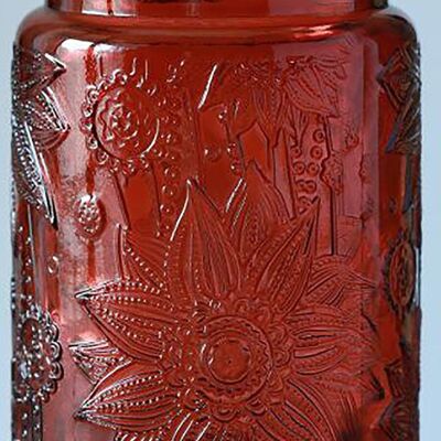 Aufbewahrungsbehälter aus geprägtem Glas mit luftdichtem Bambusdeckel in roter Farbe. Abmessung: 10 x 14 cm. Fassungsvermögen: 700 ml. LM-321C2