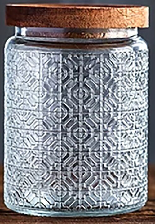 Embossed glass storage container with airtight bamboo lid. Dimension: 10x14cm Capacity: 700ml LM-321A4