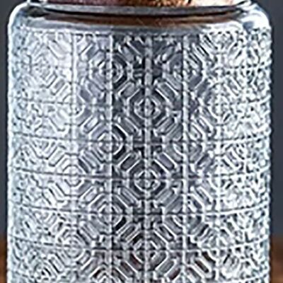 Aufbewahrungsbehälter aus geprägtem Glas mit luftdichtem Bambusdeckel. Abmessung: 10 x 14 cm. Fassungsvermögen: 700 ml. LM-321A4