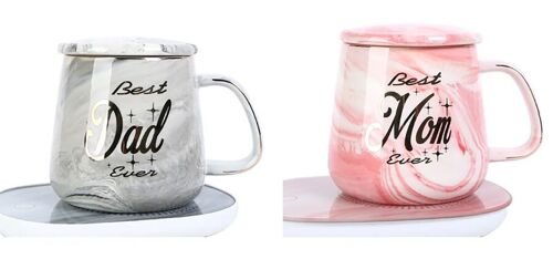 "DAD & MOM" ceramic mug with lid, spoon and heated base in gray and pink. Capacity: 450ml MB-2901AB