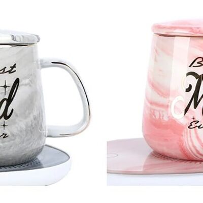 "¡Taza de cerámica "PAPÁ Y MAMÁ" con tapa, cuchara y base calefactora en color gris y rosa. Capacidad: 450ml MB-2901AB