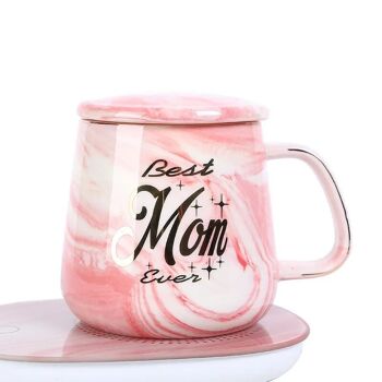 "  Mug en céramique "PAPA & MAMAN" avec couvercle, cuillère et base chauffante en gris et rose. Capacité : 450 ml MB-2901AB 3