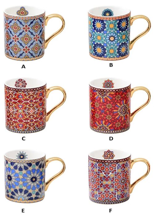 Ceramic mug with Moroccan style and gold details in 6 designs. Dimension: 12x8x9cm Capacity: 400ml SD-046