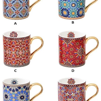 Taza de cerámica con estilo marroquí y detalles dorados en 6 diseños. Dimensión: 12x8x9cm Capacidad: 400ml SD-046