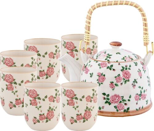 Ceramic tea service set with 6 cups and teapot with bamboo handle in gift box. TK-240-3