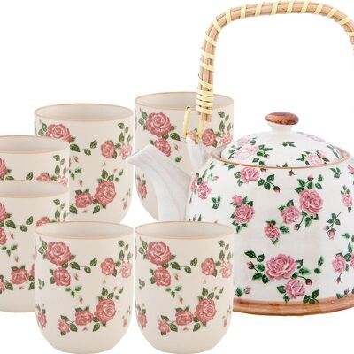 Service à thé en céramique comprenant 6 tasses et théière avec manche en bambou dans un coffret cadeau. TK-240-3